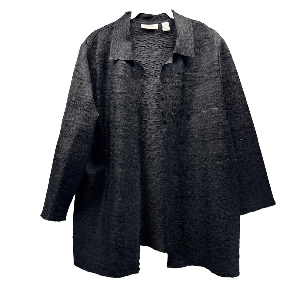 Chicos Womens Jacket Size Large Solid Black Textured Whimsigoth 3/4 Sleeves Open